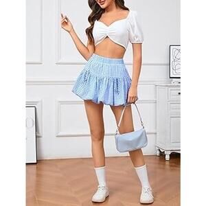 Free Haven Pastel Blue Gingham Bubble Skort Ruched Bow Coquette Dollcore Size L